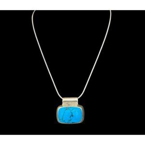 Taxco Mexico Sterling Silver Rectangangle Turquoise Pendant 16" Necklace 27.79
